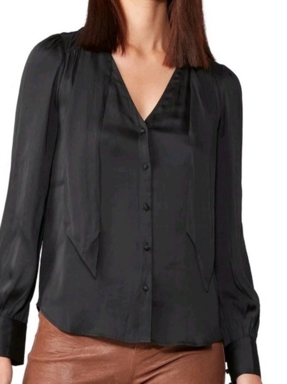 PAIGE Cleobelle Black V-Neck Satin Button-Front Blouse with Neck Tie. New